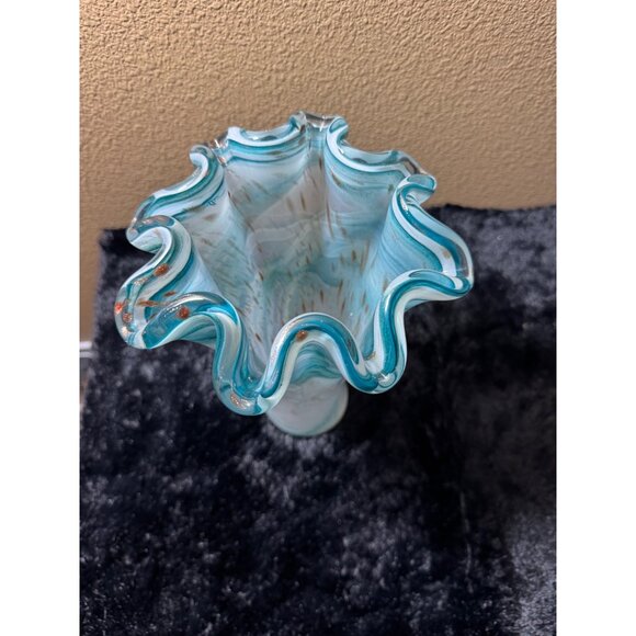 Art Glass Vase Aqua White And Gold Specks Swirl Design Ruffled Edge 10"Tall - Picture 3 of 7